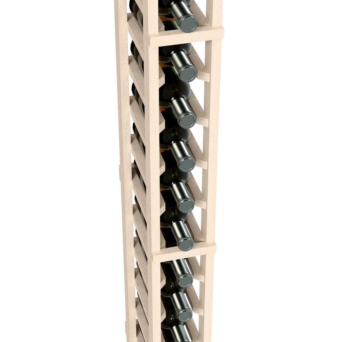 White-washed wine rack close-up with bottle neck holders and metal-capped bottles