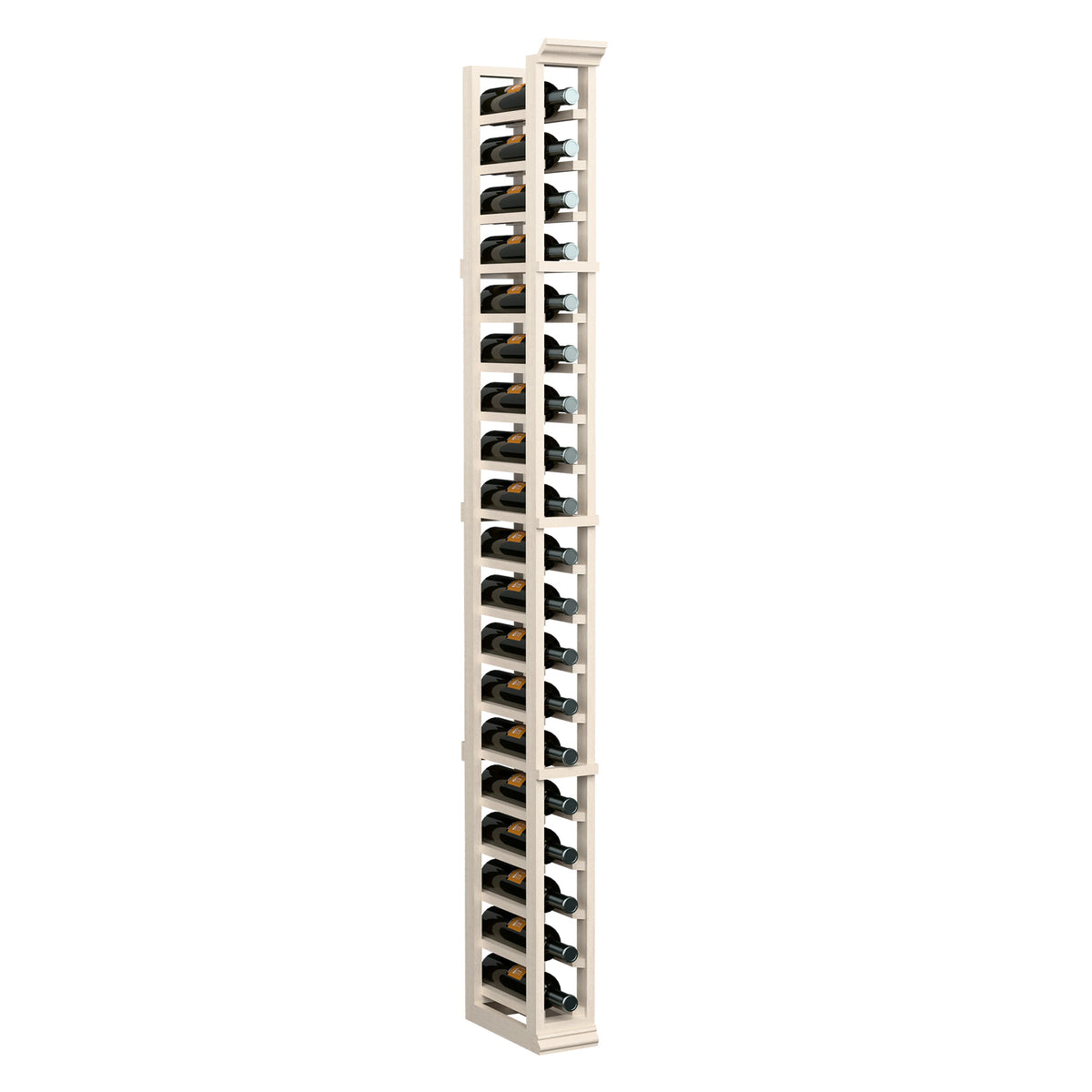 White-washed tall wine bottle rack with multiple horizontal bottle holder rows
