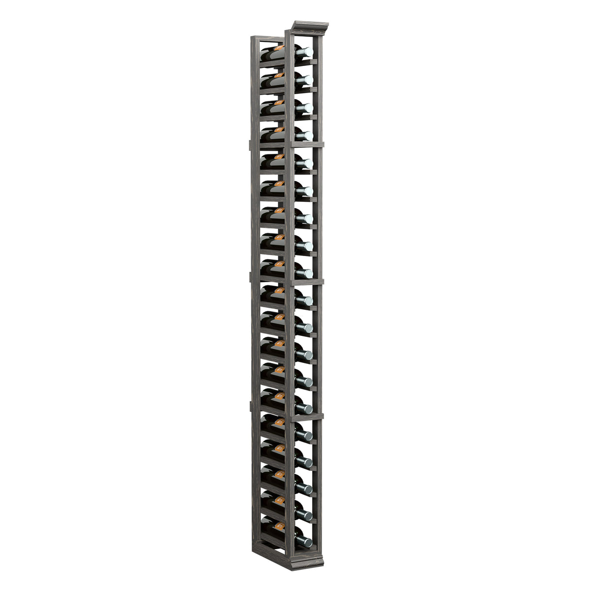 6ft single-column wine bottle rack in dark wood with metal bottle holders