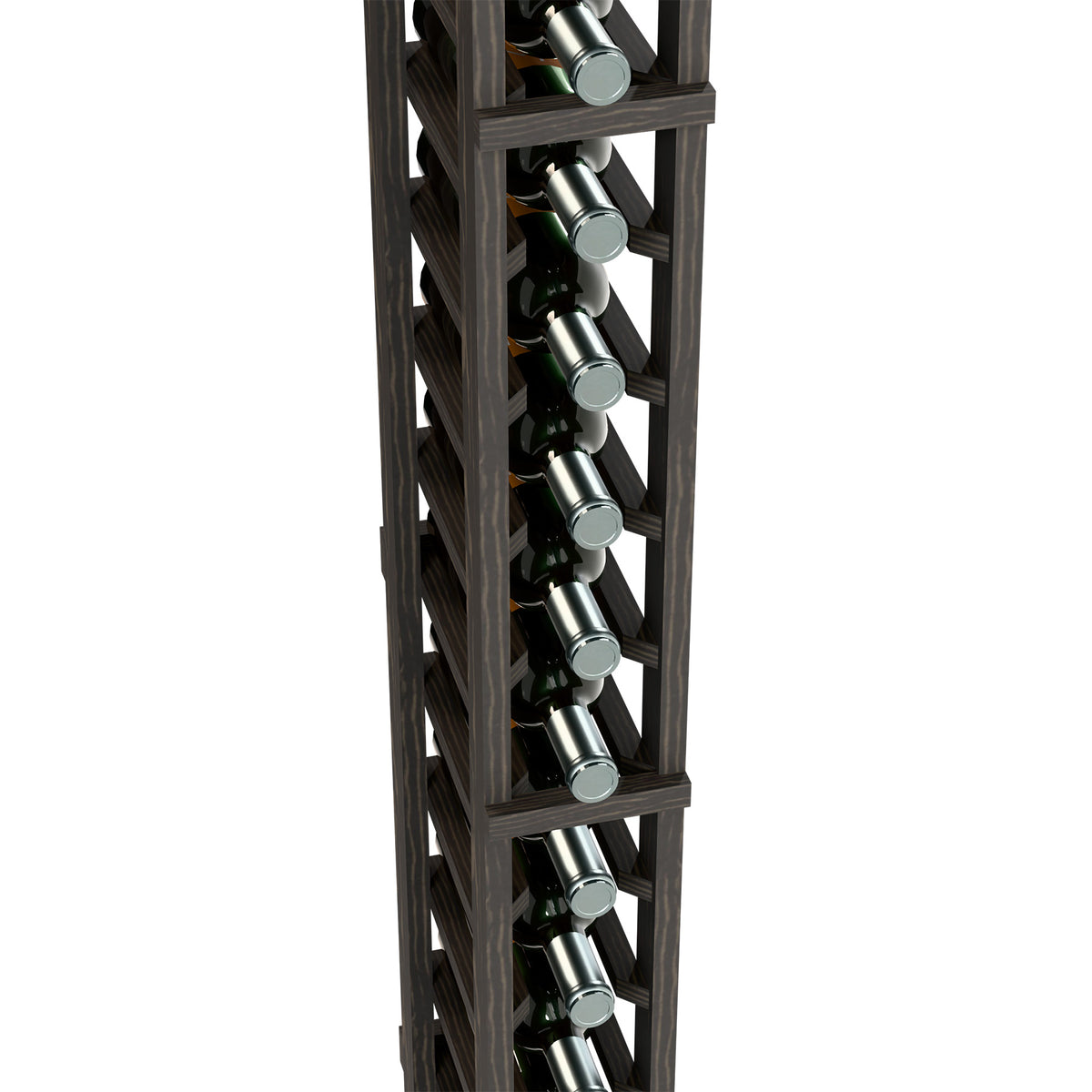 Dark wood wine bottle rack close-up with metal holders for multiple bottles