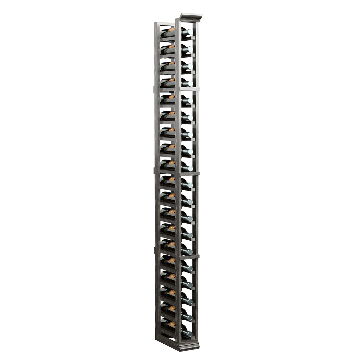 6ft single-column wine bottle rack in dark stained wood with bottle slots
