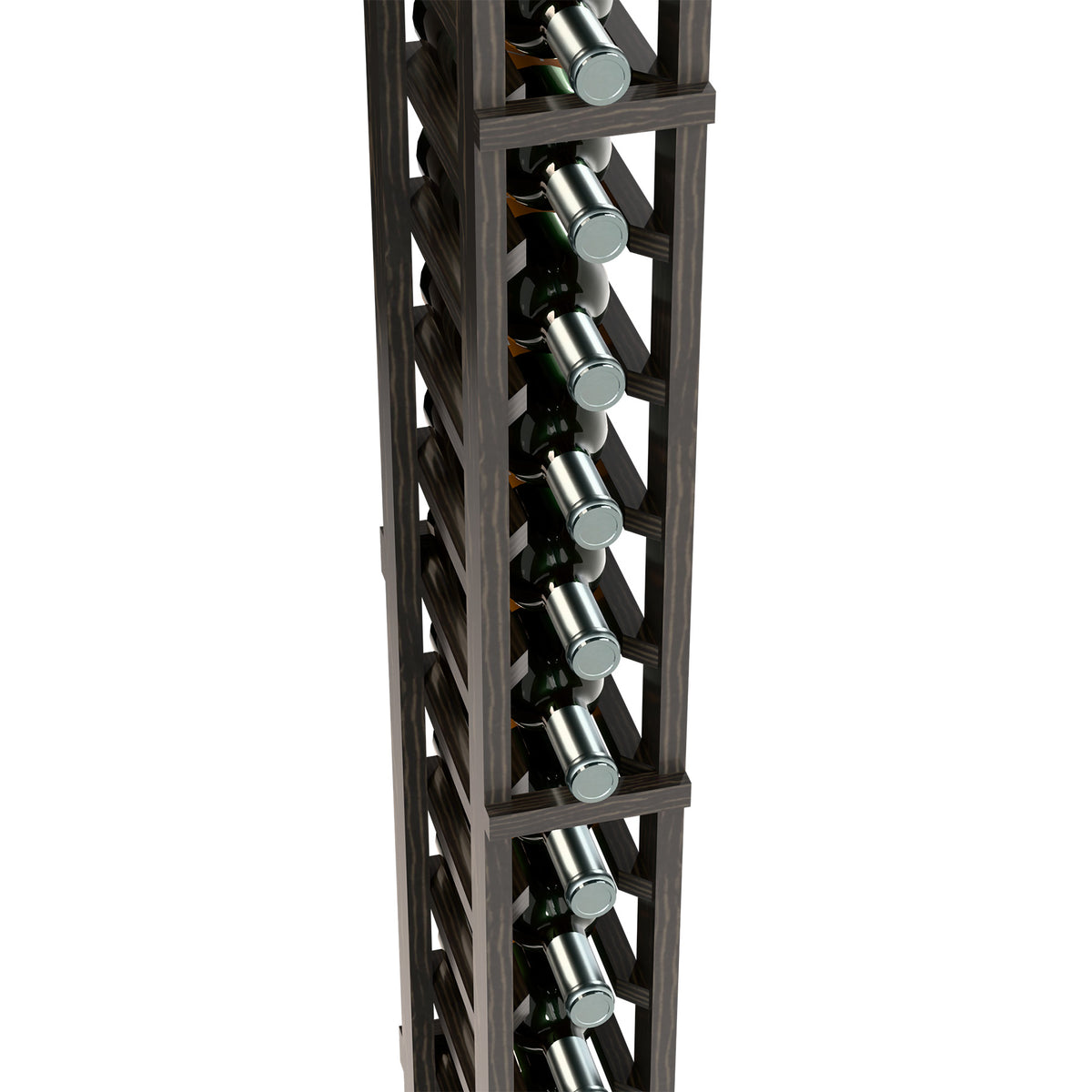 Dark wood wine bottle rack close-up showing metal bottle holders and bottles