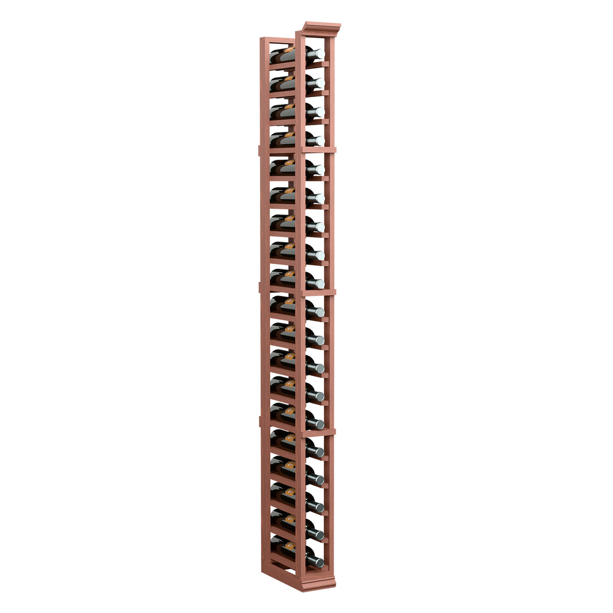 6ft single-column wine bottle rack in light stained wood with metal bottle holders
