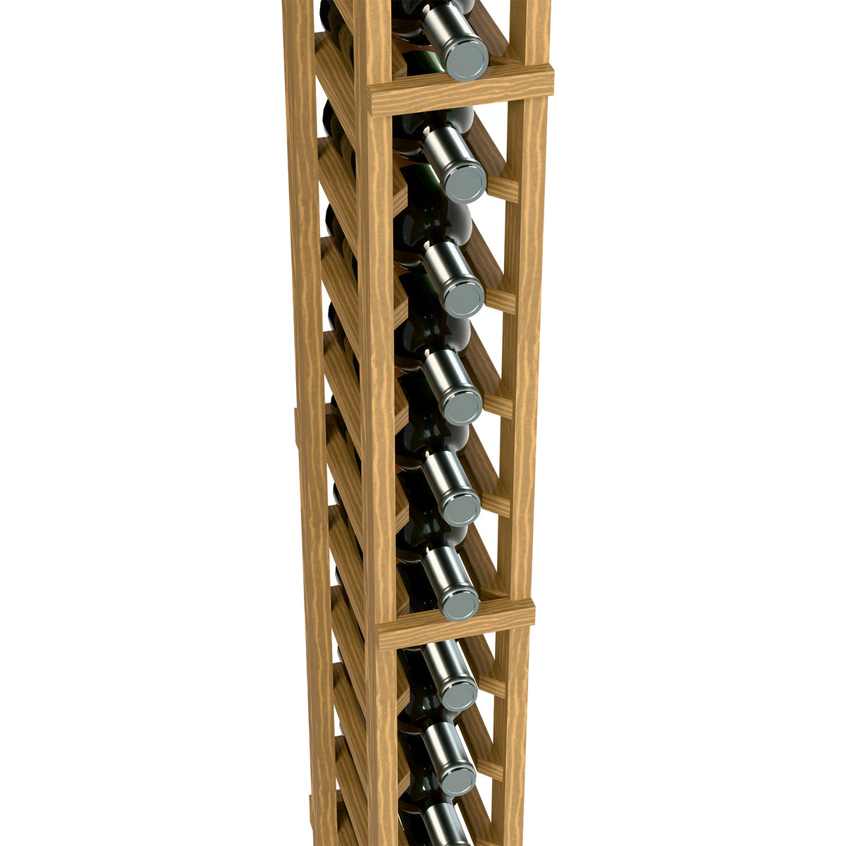 Close-up of light wood wine rack with angled holders and bottle caps