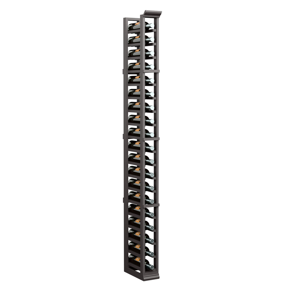 Dark single-column wine bottle rack with angled bottle holders