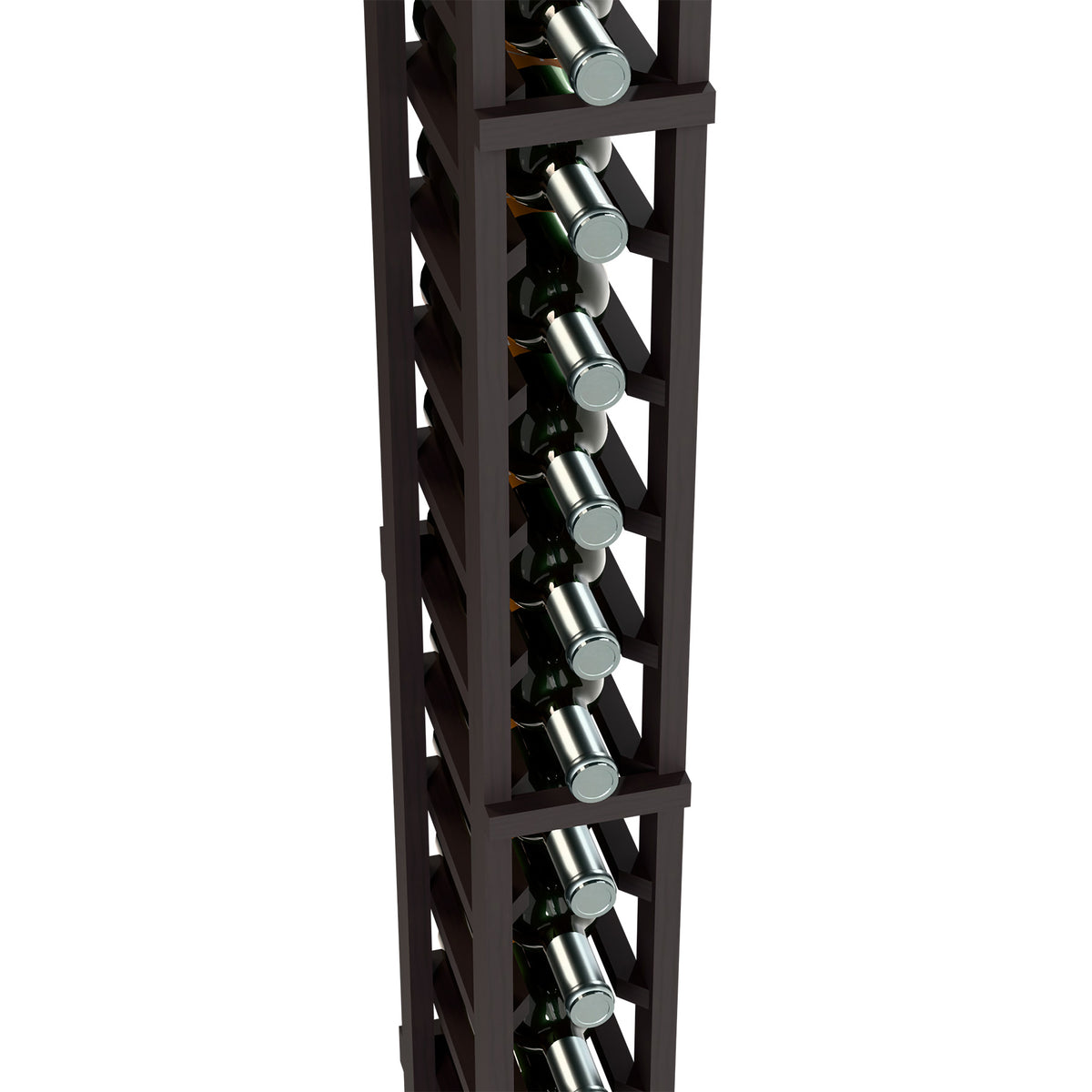 Close-up of dark wood wine rack with angled holders and bottle caps
