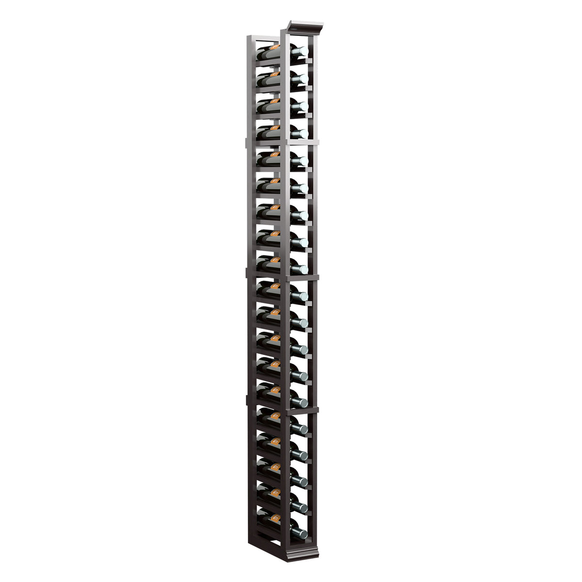 Dark wood vertical single-column wine bottle rack with angled bottle holders
