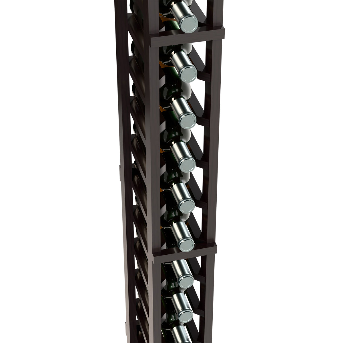 Close-up of dark wood wine rack showing angled bottle slots and caps