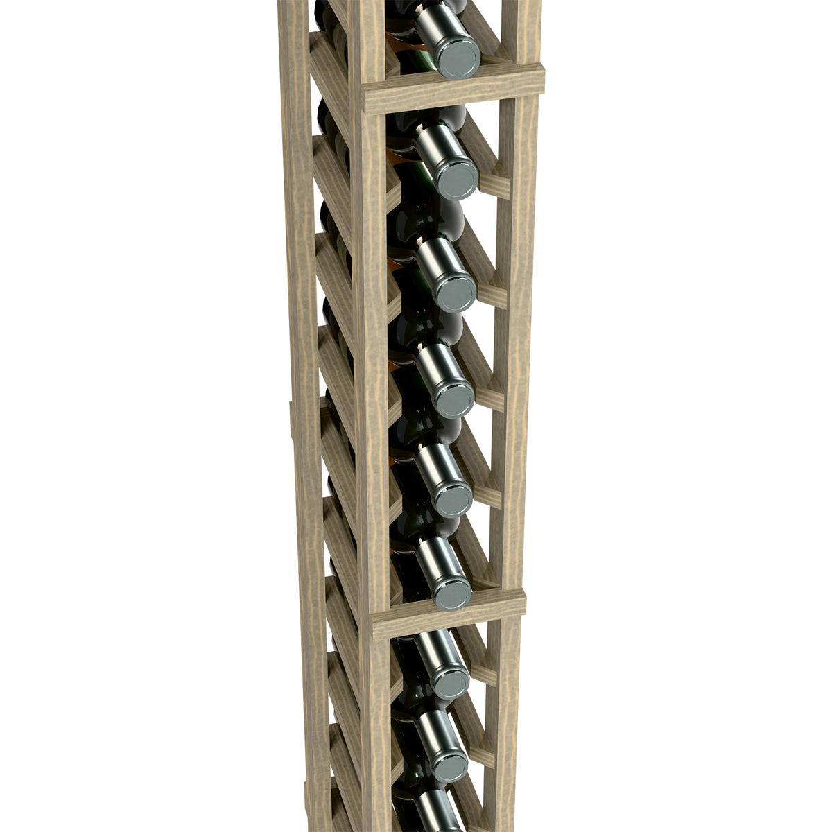 Single-column wine bottle rack close-up: light wood frame with bottle holder rows