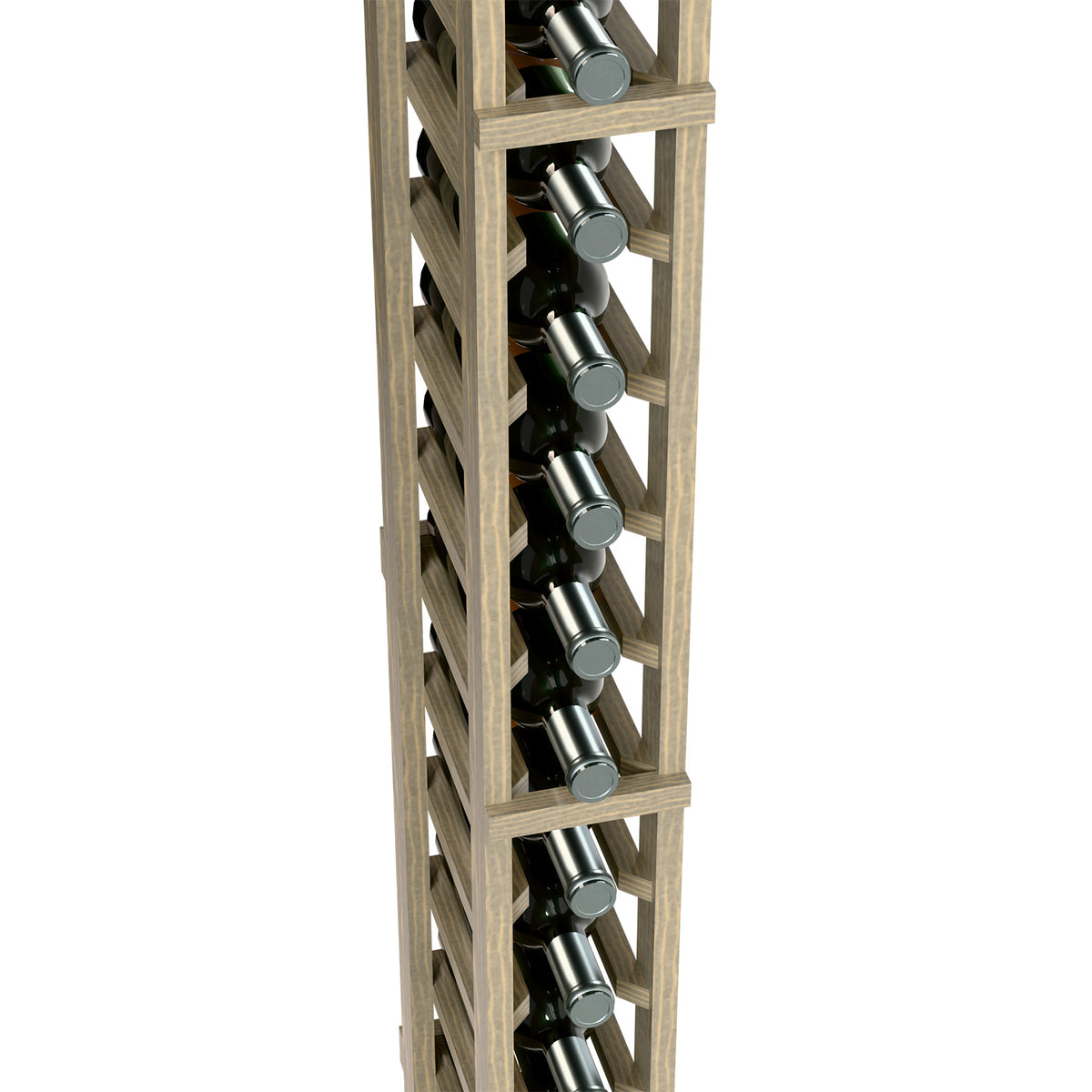 Wine bottle rack close-up: light wood grid frame holding bottles in rows