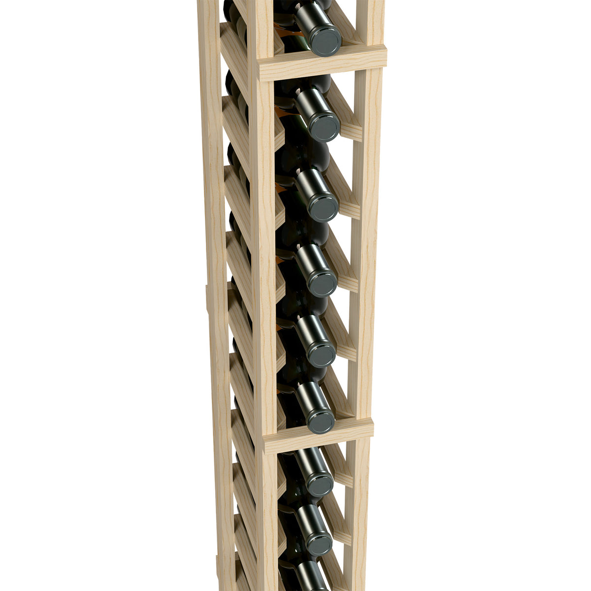 Wine bottle rack close-up: light wood frame and bottle holder bars in rows