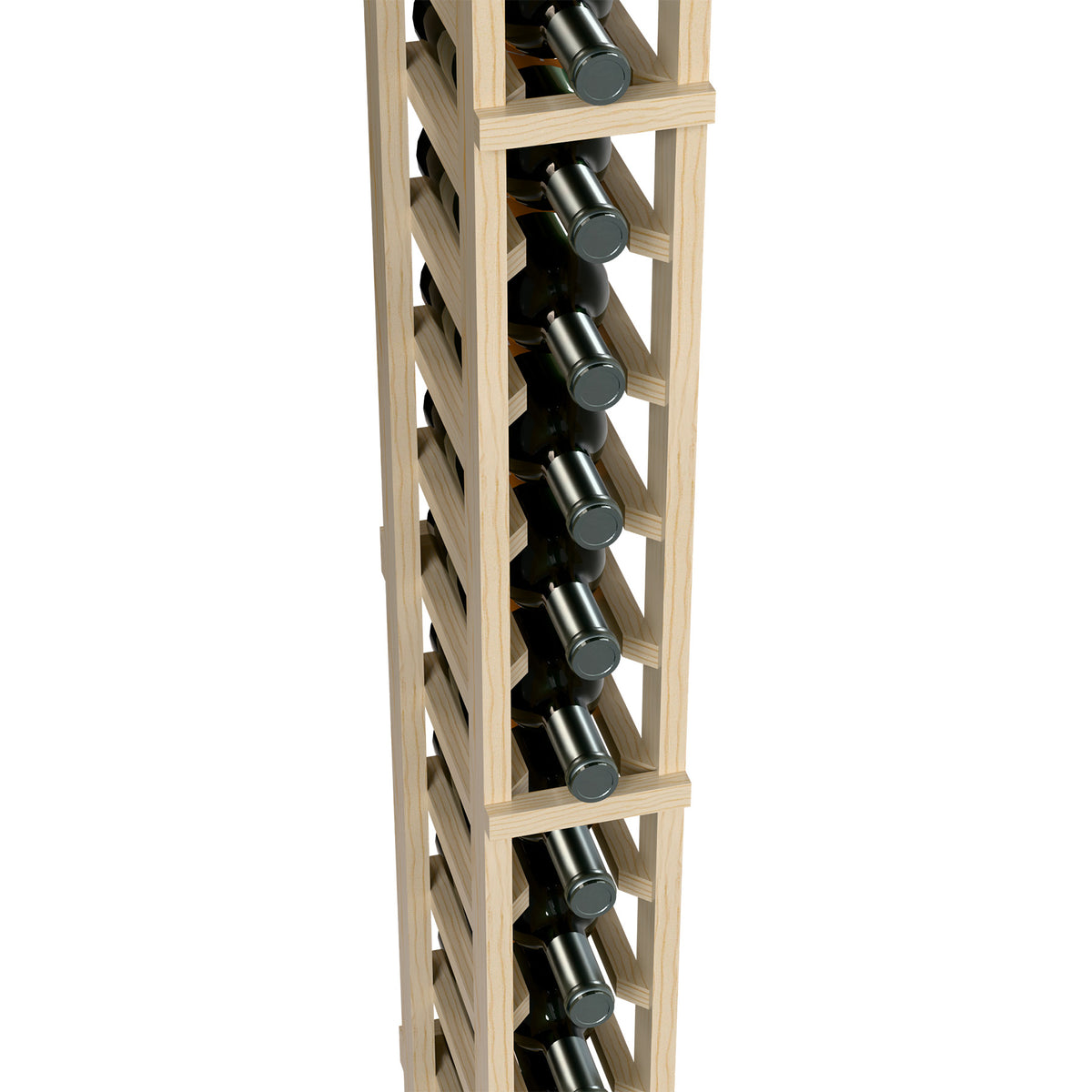 Wine bottle rack close-up: light wood frame with bottle slots and holders