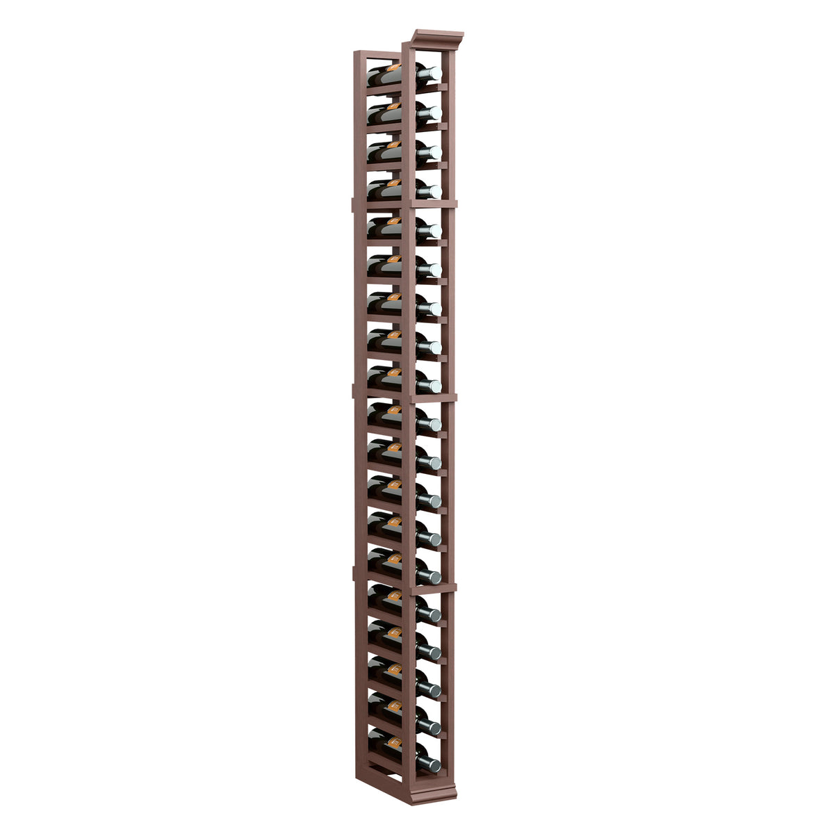 6-ft single-column wine bottle rack with angled bottle slots in dark wood frame
