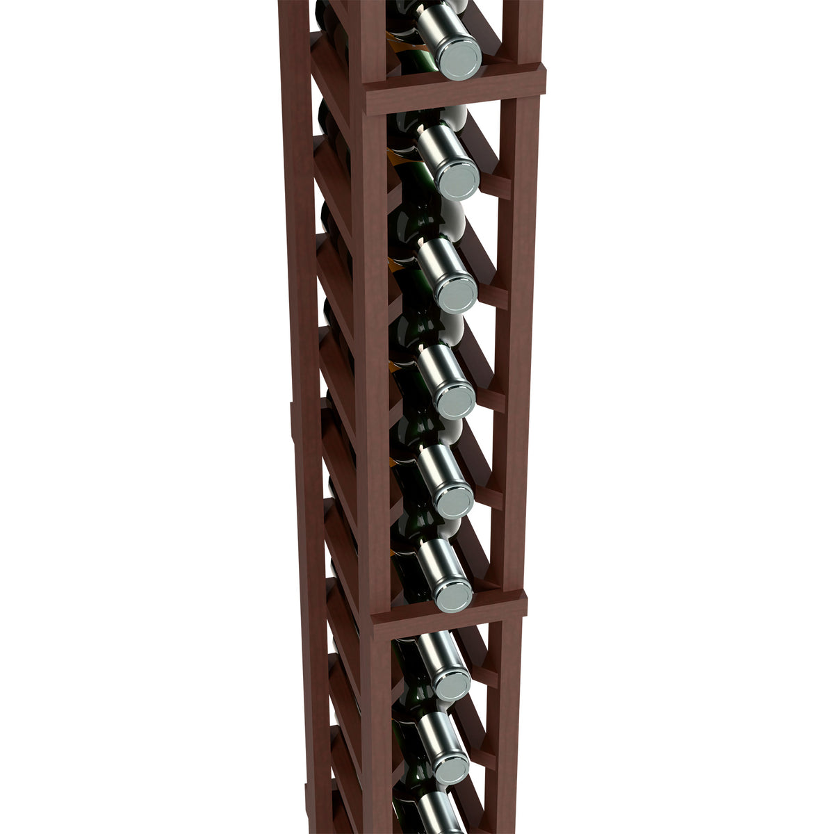 Wine bottle rack close-up: dark wood frame holding bottles in vertical rows
