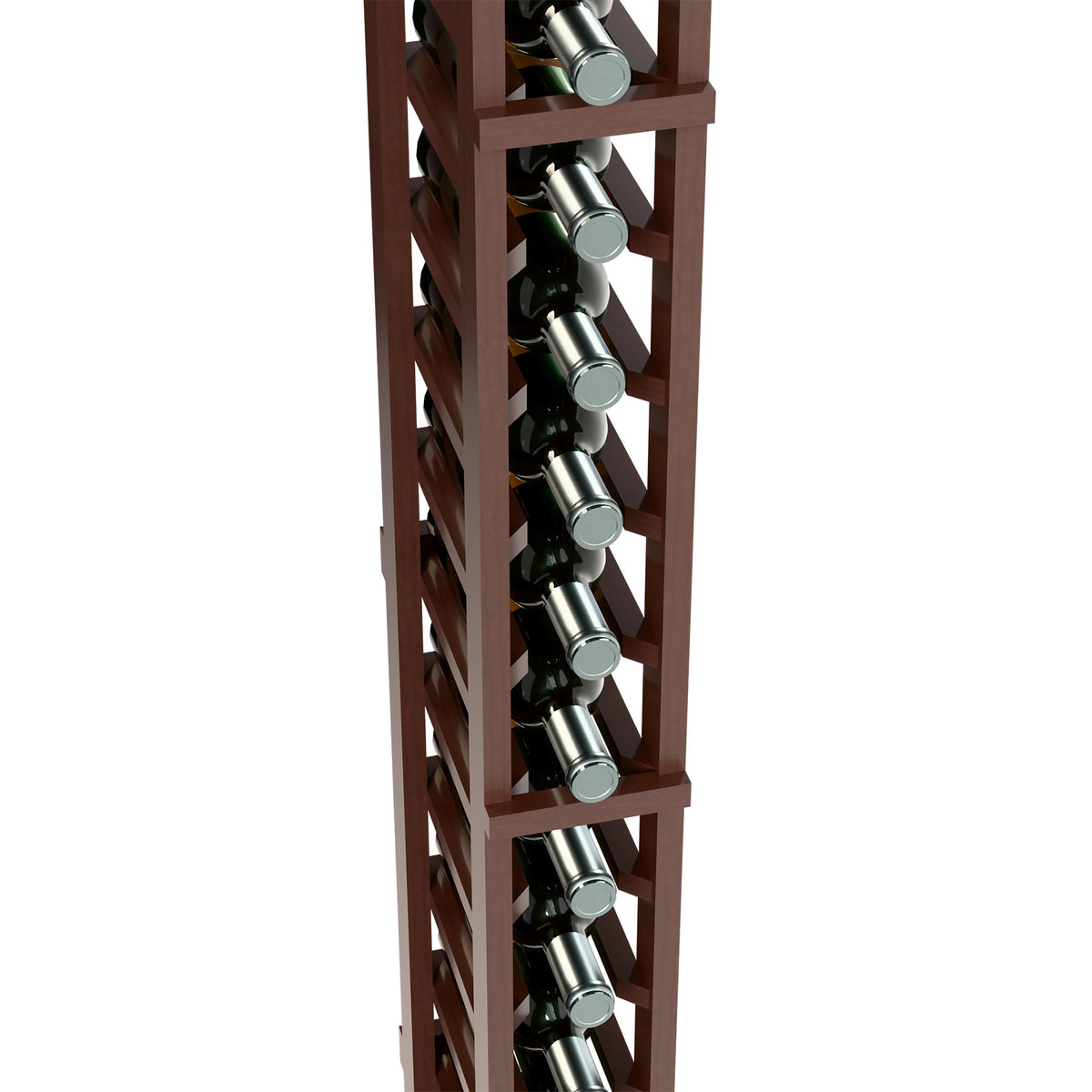 Dark wood wine rack close-up, angled slots holding multiple wine bottles