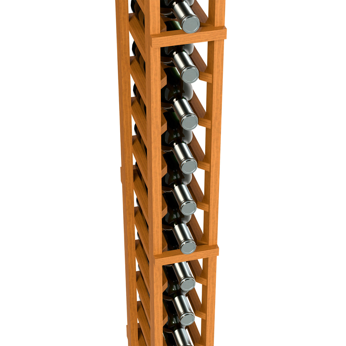 Light wood wine rack close-up, angled slots holding wine bottles