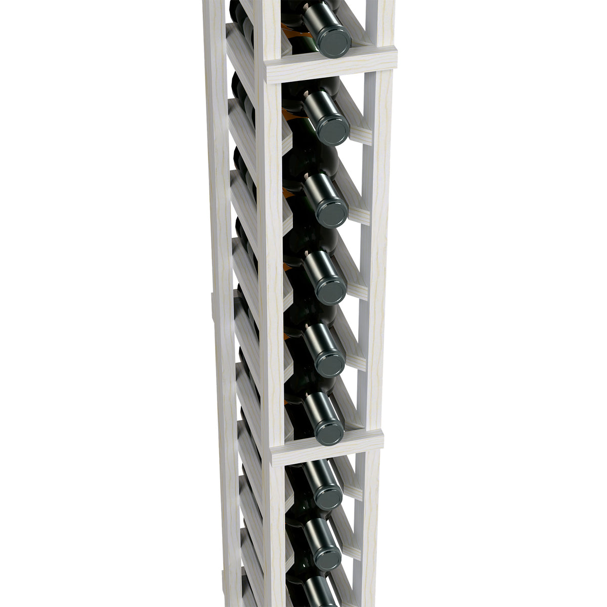 Grey wine rack close-up, angled slots holding multiple wine bottles