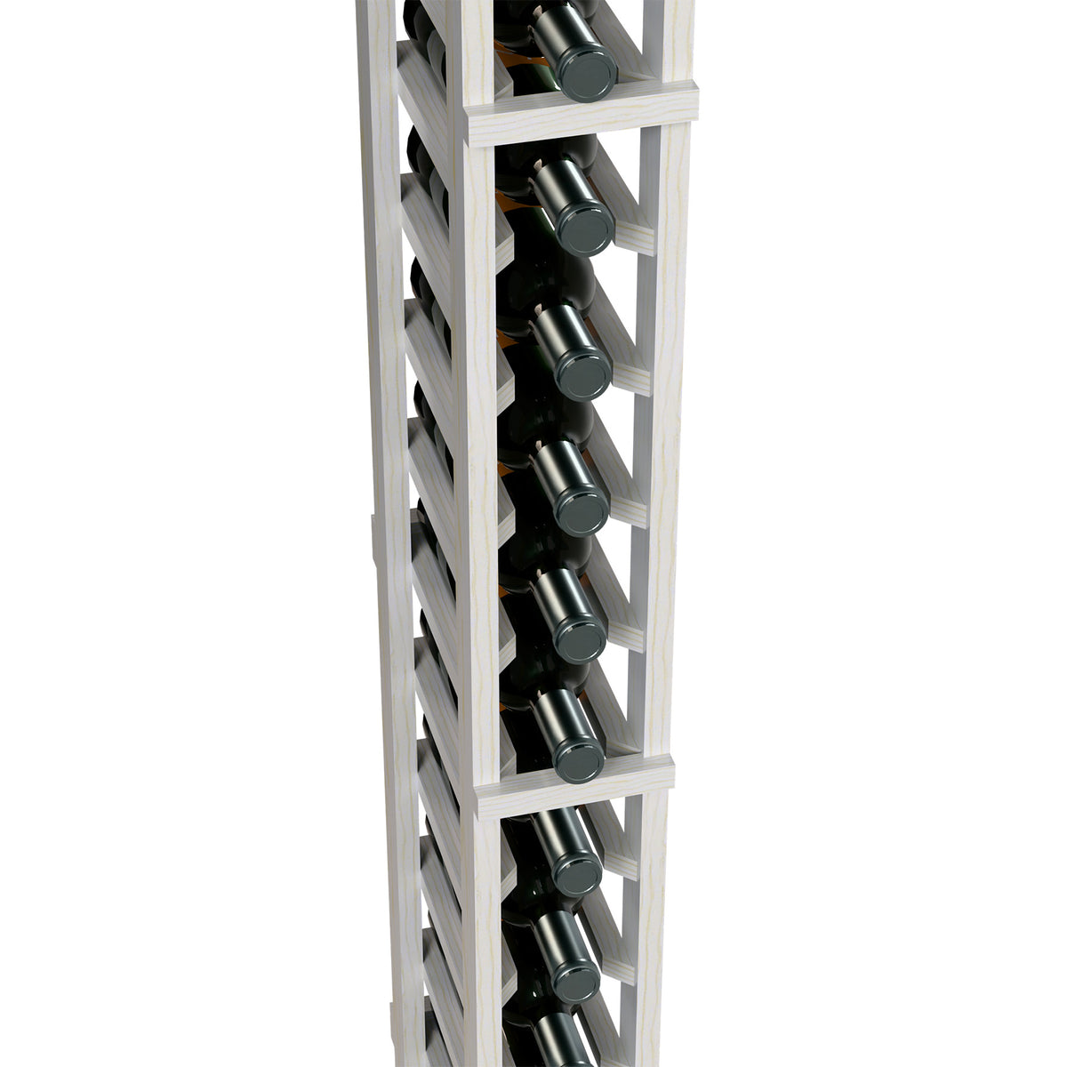 Grey wine rack close-up, angled bottle holders arranged vertically