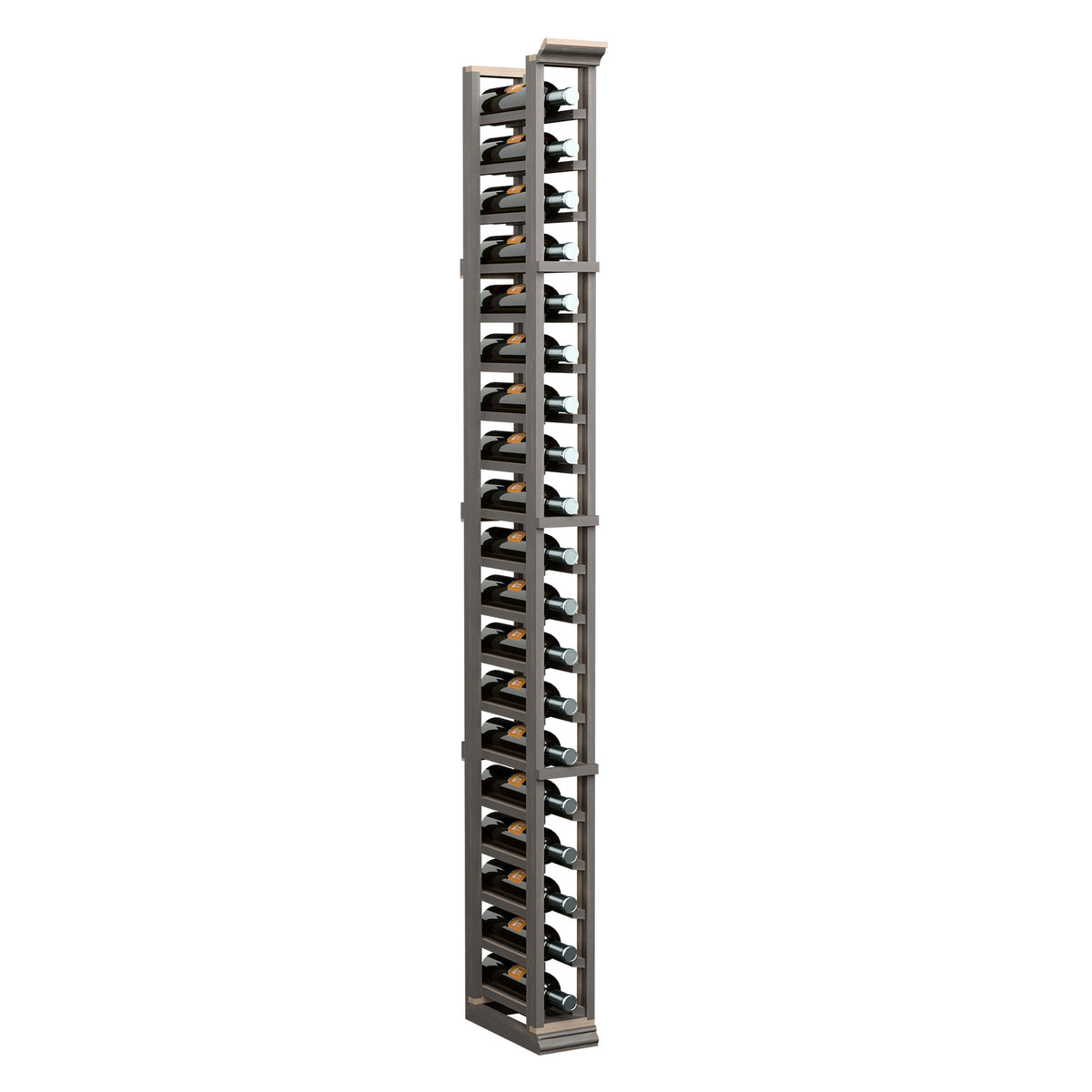 Dark wood one-column wine bottle rack with metal bottle holders, 6 ft tall