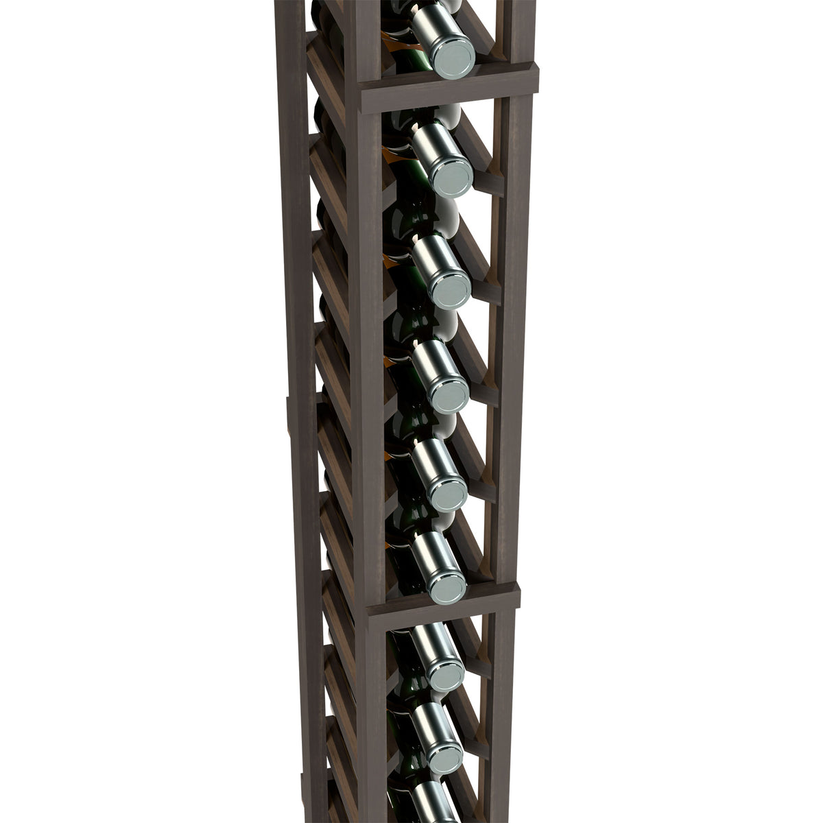 Close-up of dark one-column wine bottle rack with metal bottle holders