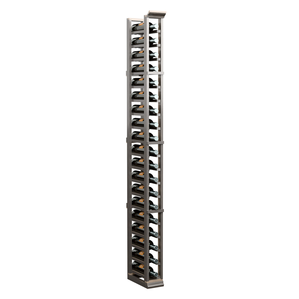 Dark wood one-column wine bottle rack with metal bottle holders, full height view