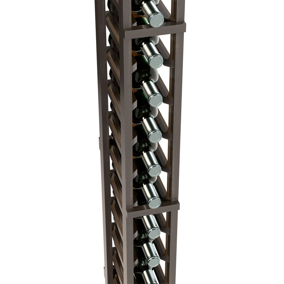 Close-up of dark one-column wine bottle rack showing metal bottle holders