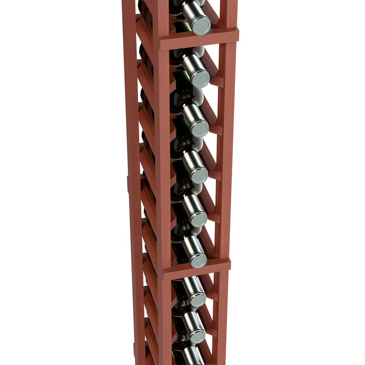 Close-up of reddish one-column wine bottle rack with metal bottle holders