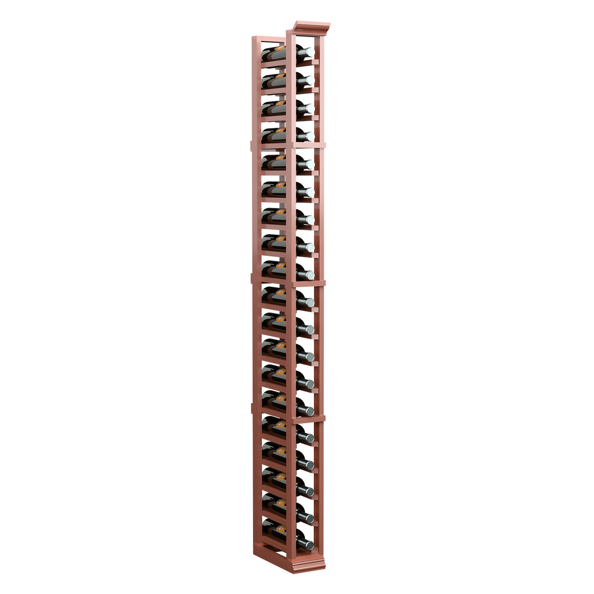 Reddish wood one-column wine bottle rack with metal bottle holders, full height view