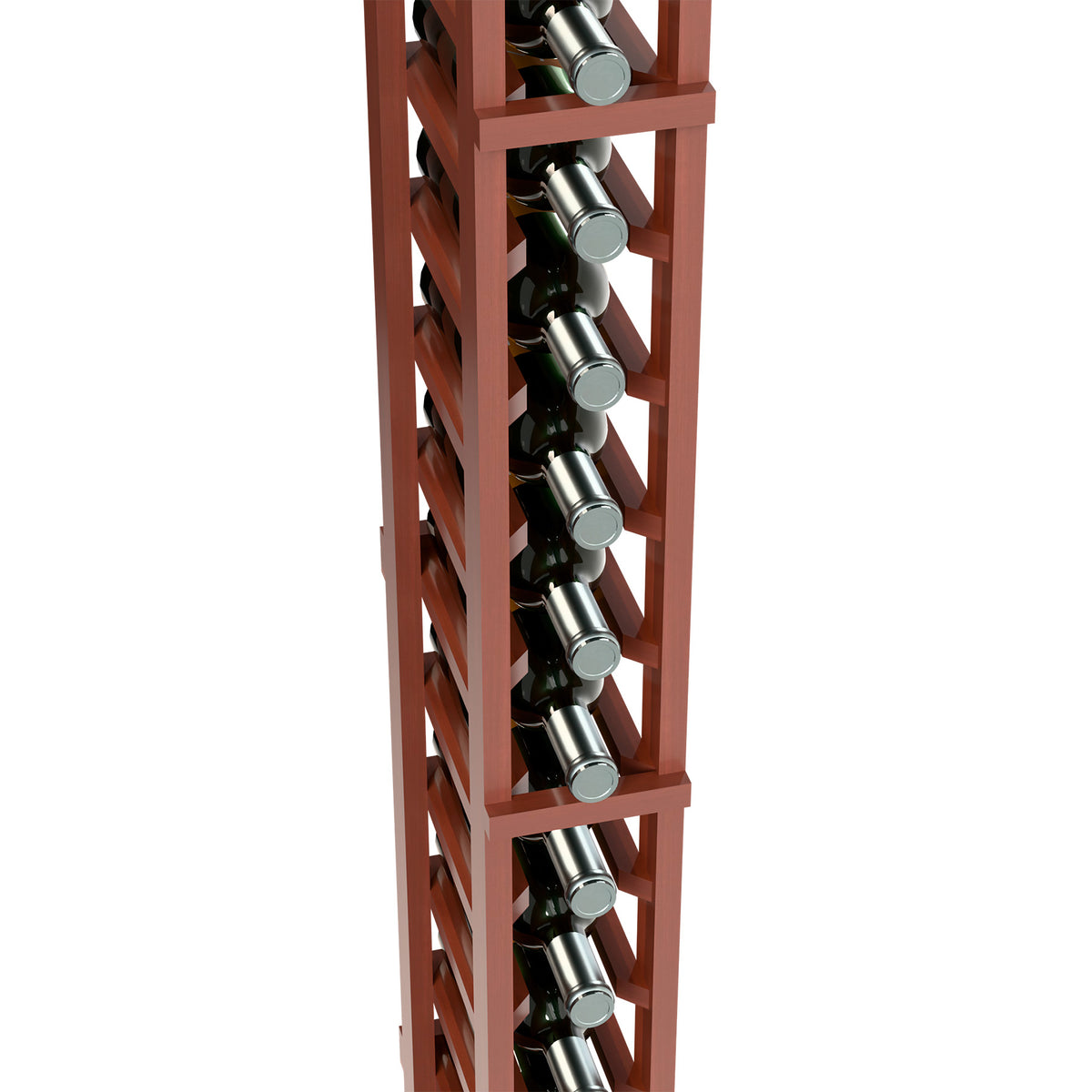 Close-up of reddish one-column wine bottle rack showing metal bottle holders