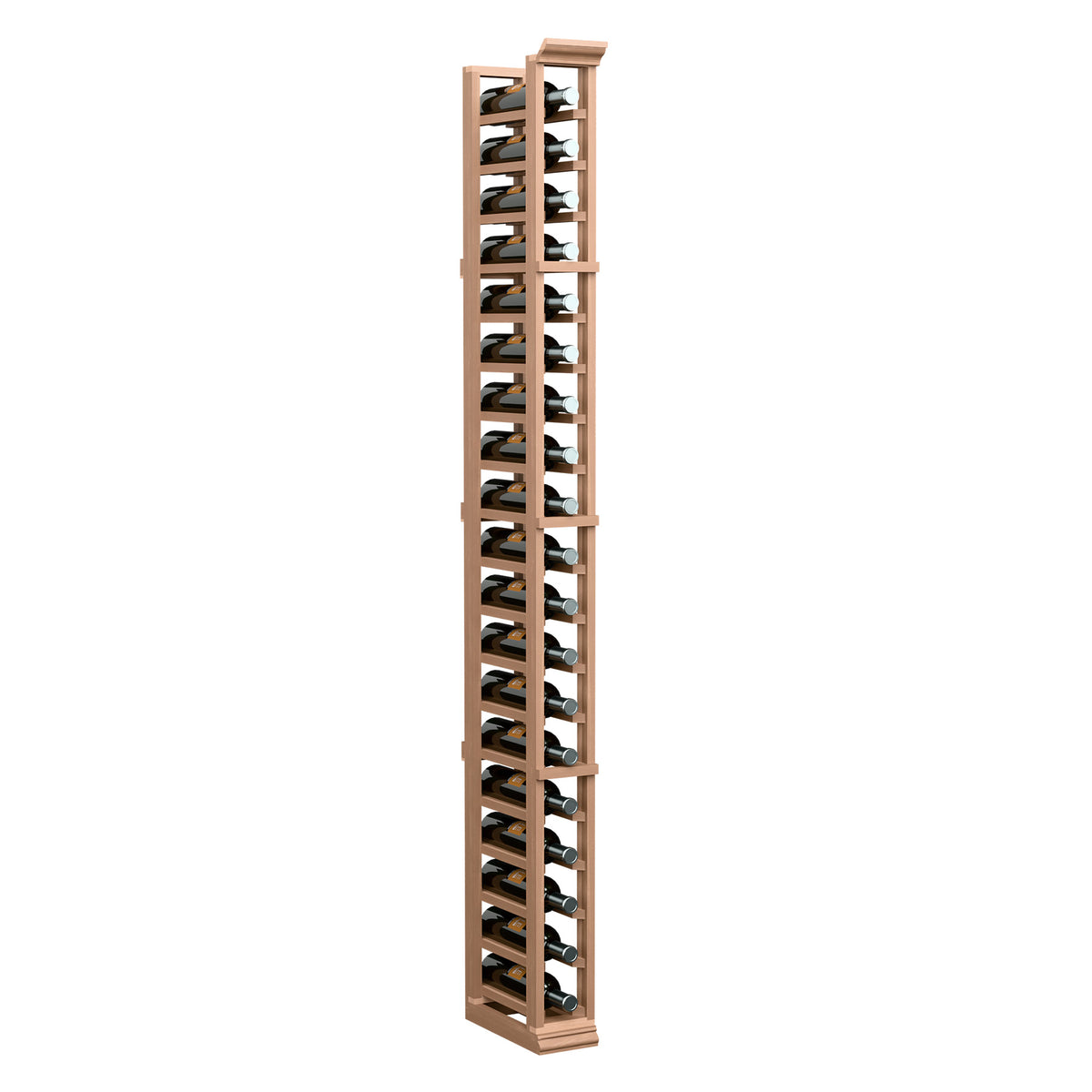 Reddish wood one-column wine bottle rack with metal bottle holders, tall narrow frame