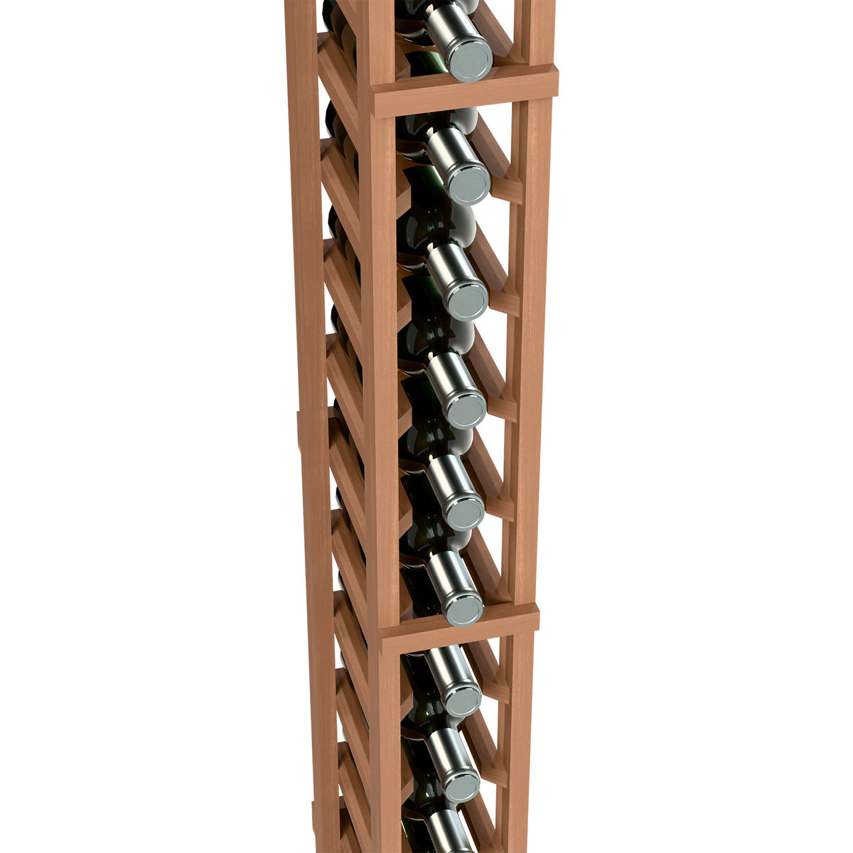 Close-up of reddish one-column wine bottle rack with metal bottle holders