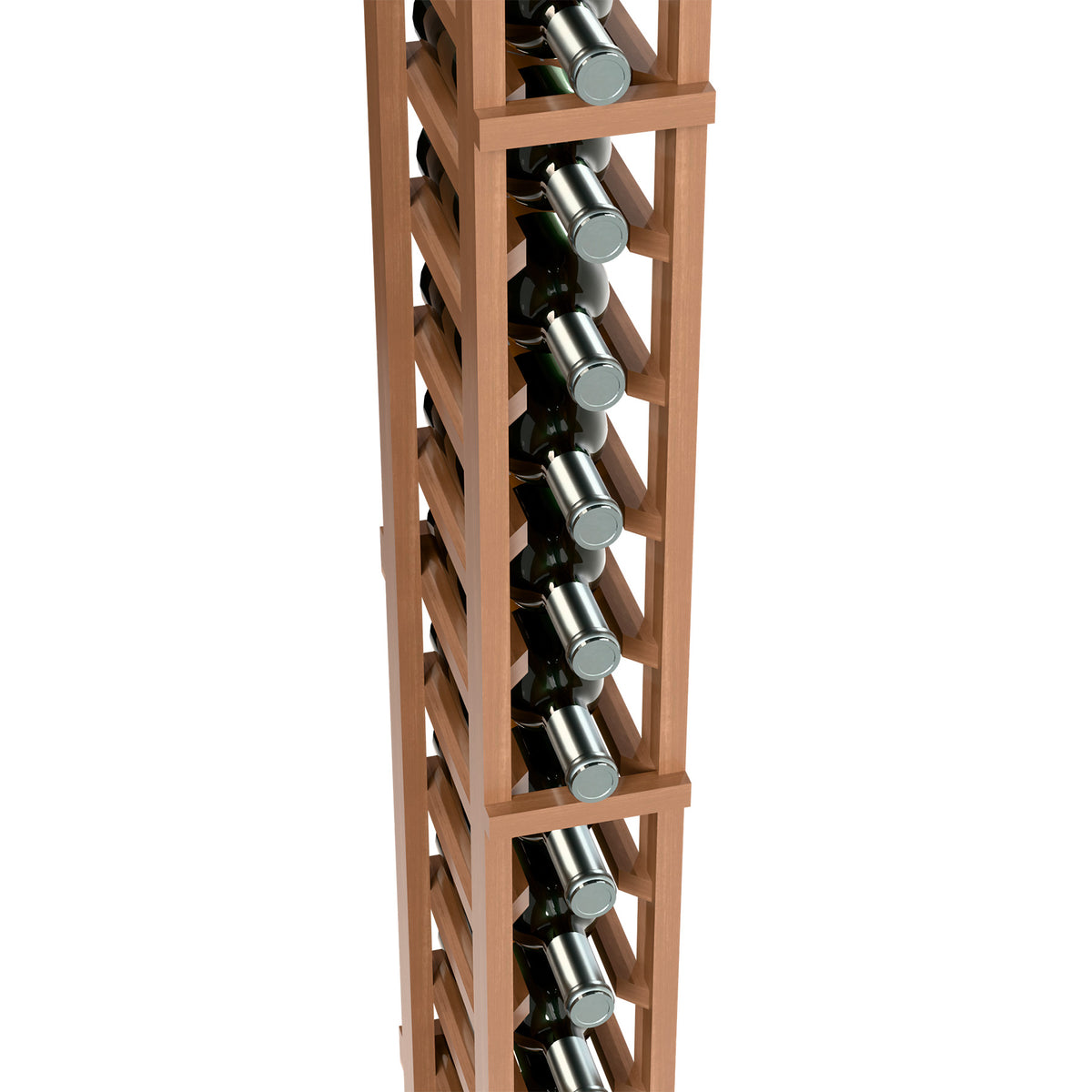 Light wood 1-column wine rack detail with stacked bottle slots and metal caps