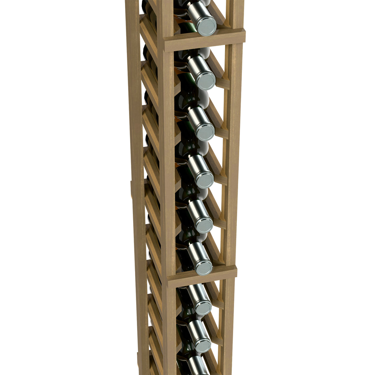 Close-up of a light wood 1-column wine rack showing bottle slots and rows of bottles