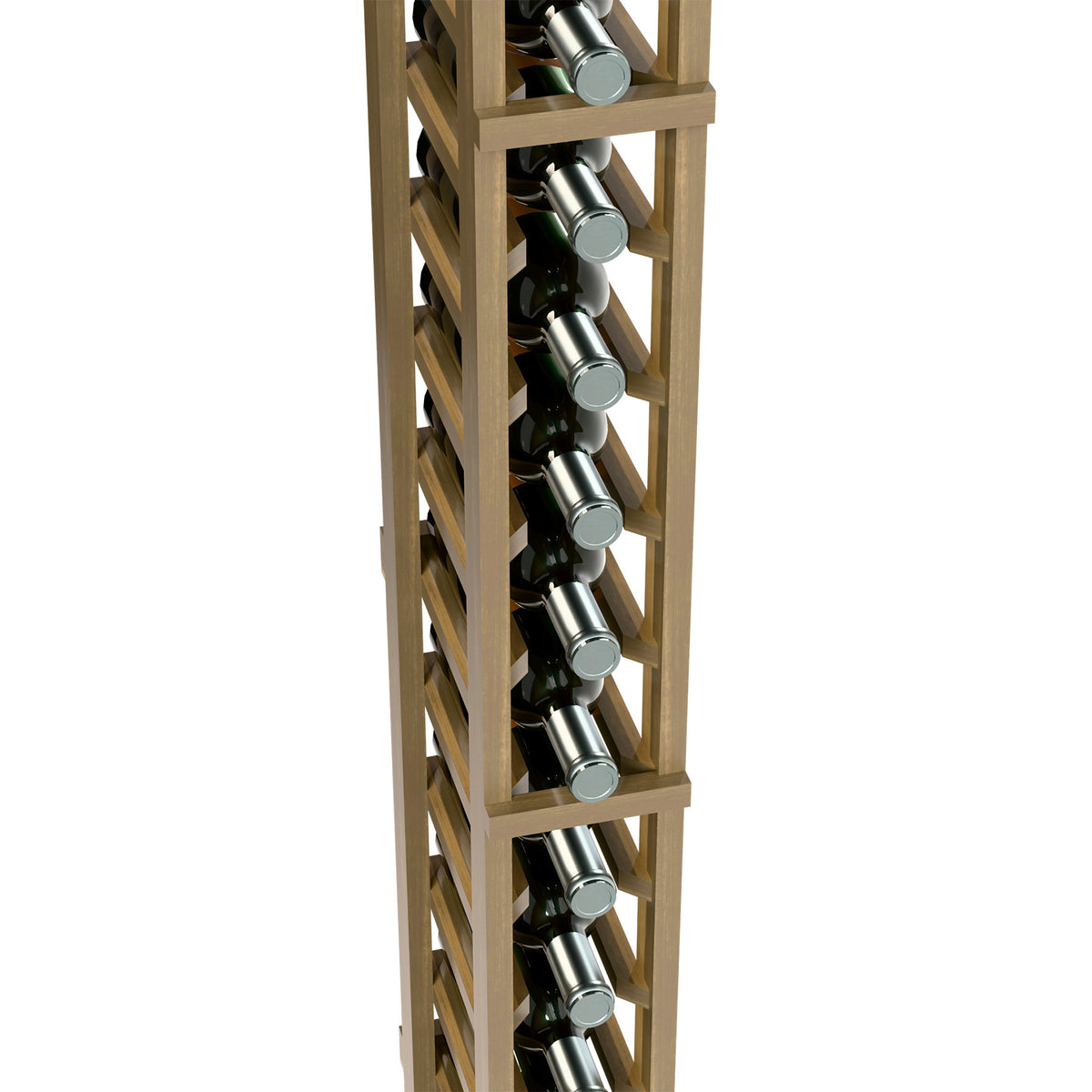 Light wood 1-column wine rack close-up with multiple bottle slots and metal bottle tops