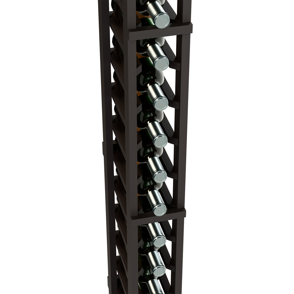 Close-up of a dark-finish 1-column wine rack showing bottle slots and rows of bottles