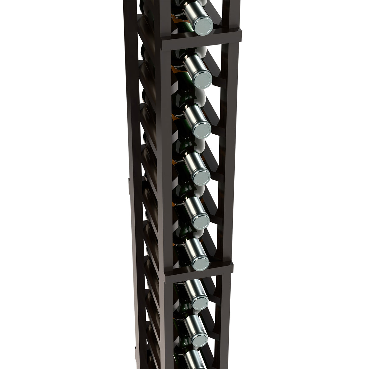 Dark-finish 1-column wine rack detail with bottle cutouts and visible bottle necks