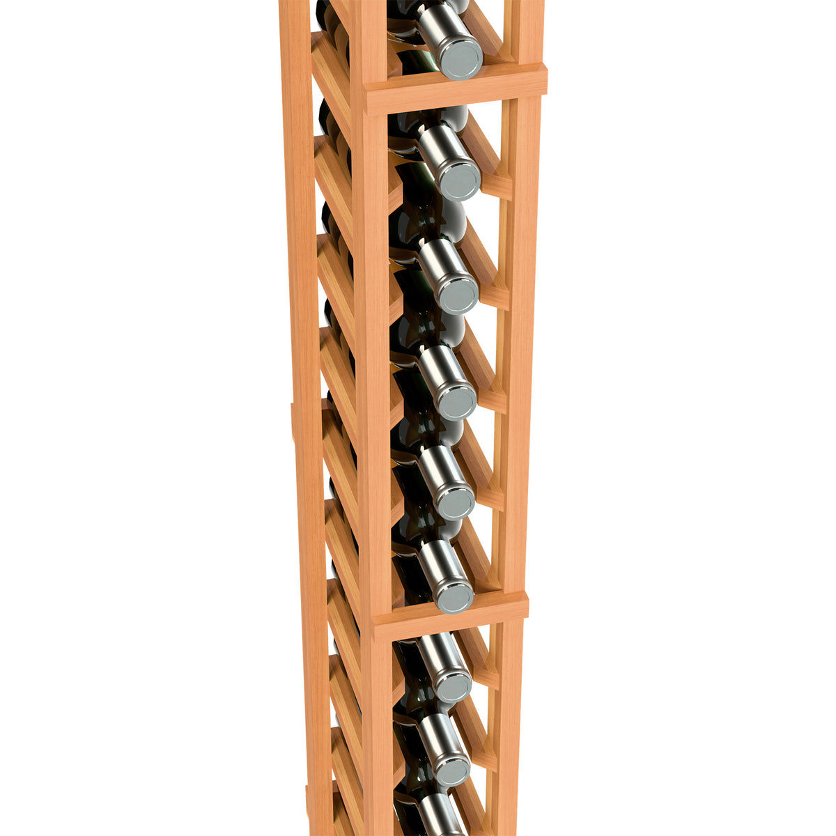 6ft 1-column wine bottle rack close-up, orange wood and black bottle holders