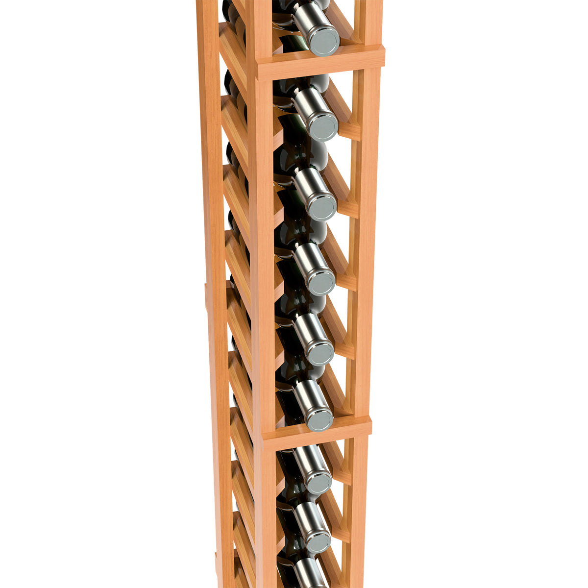 6ft 1-column wine bottle rack close-up, orange wood supports and black bottle holders