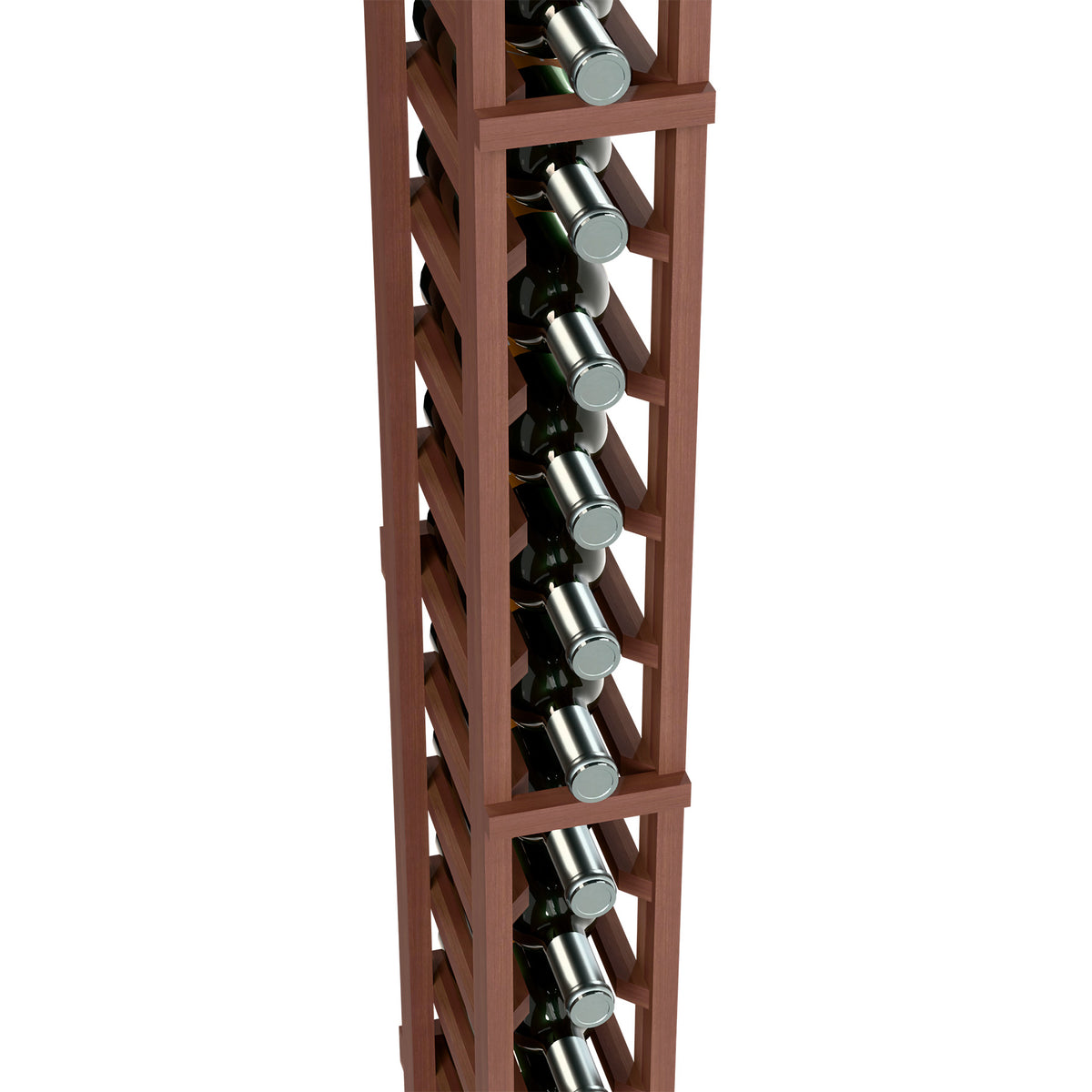 6ft 1-column wine bottle rack close-up, dark wood supports and black bottle holders
