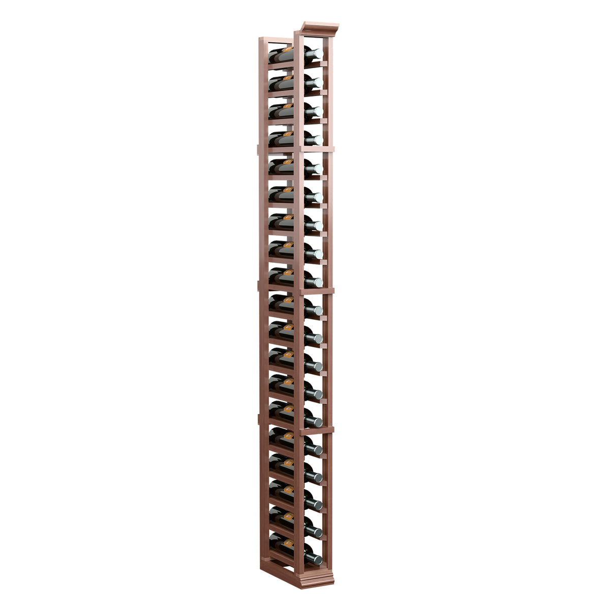 Single-column 6 ft wine bottle rack in dark wood with bottle slots and end supports.