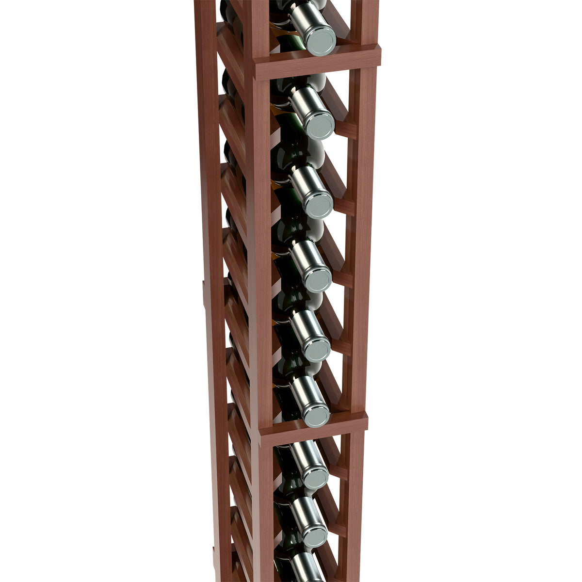 Close-up of single-column 6 ft wine bottle rack with dark wood frame and bottle rows.