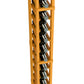 Close-up of single-column 6 ft wine bottle rack in warm yellow wood with bottles.