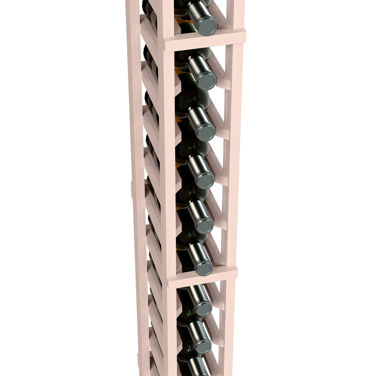 Close-up of single-column 6 ft wine bottle rack in light gray wood with bottles.