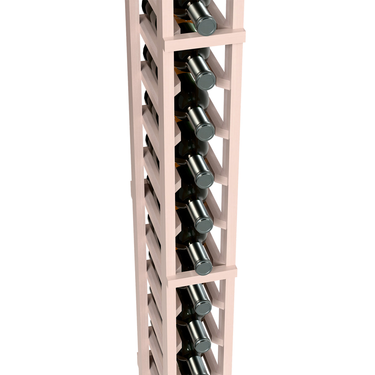 Close-up of single-column 6 ft wine bottle rack in light gray wood with bottle rows.