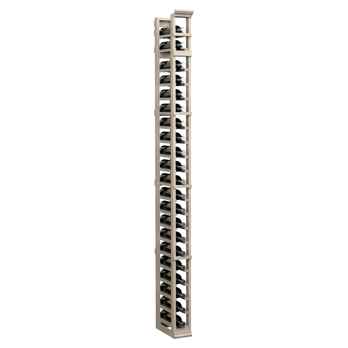 Tall single-column wine bottle rack with light gray wooden frame and stacked bottle slots