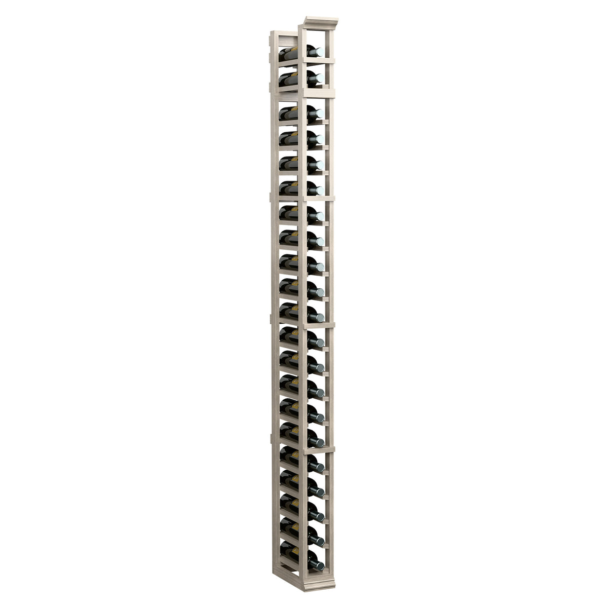 Tall wine bottle rack with light gray wooden frame, open back, and multiple bottle cradles