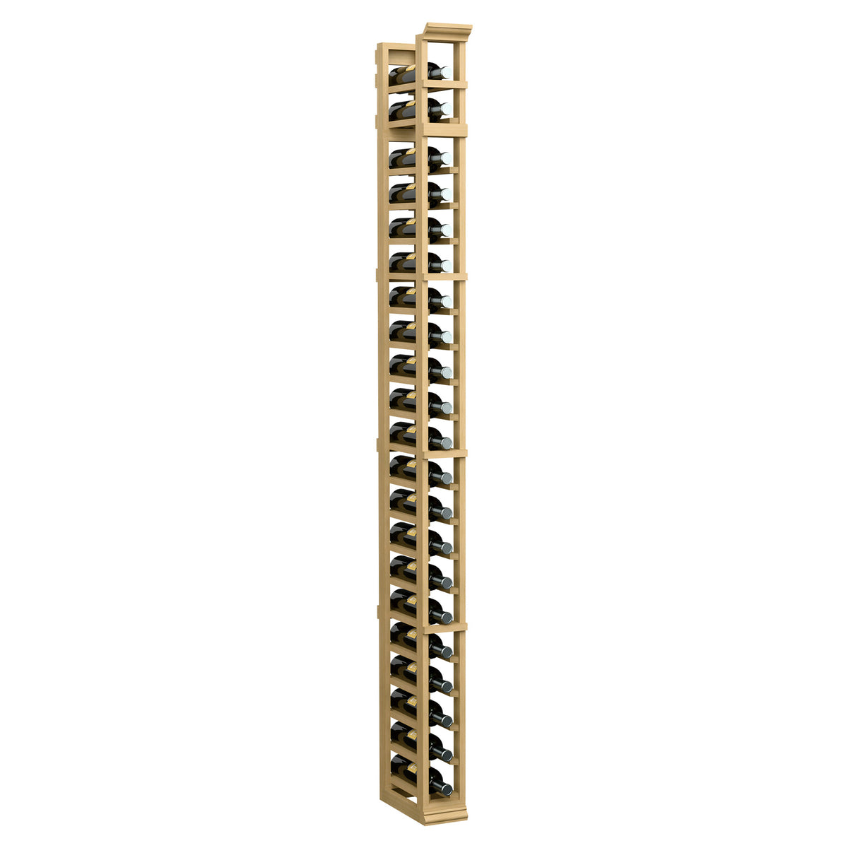 Freestanding single-column wine bottle rack in light wood with open shelves and bottle holders