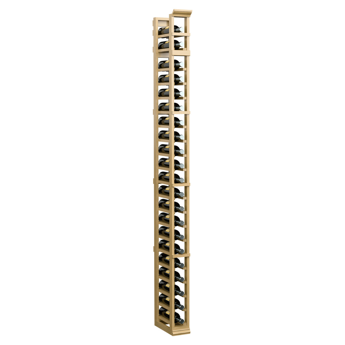 Freestanding wine bottle rack with light wood posts, open tiers, and bottle cradle openings