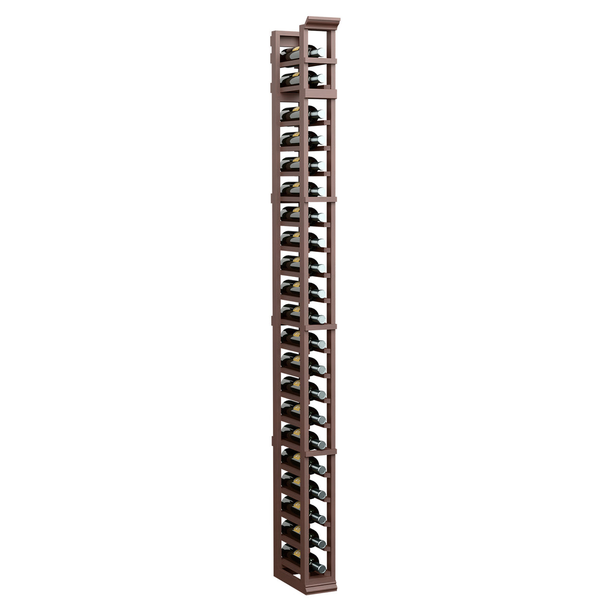 Tall wine bottle rack with dark brown wooden frame and stacked bottle cradles