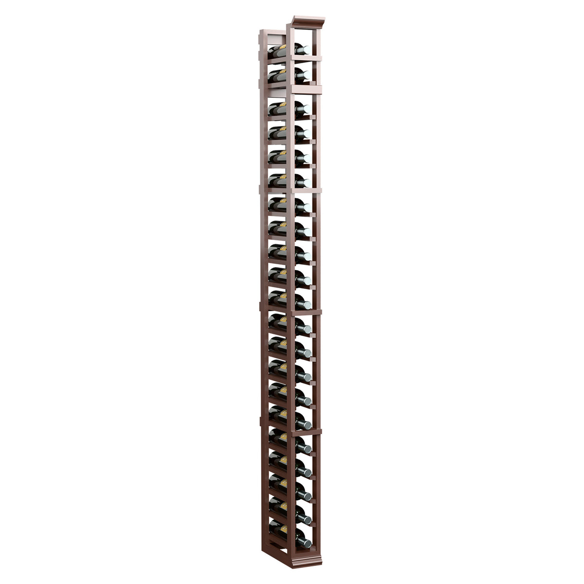 Single-column wine bottle rack in dark brown wood with open shelves for bottles